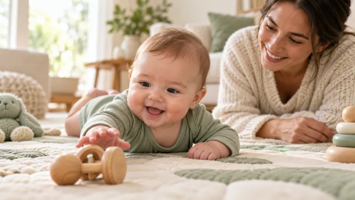 Cuidador brinca com um bebê deitado de bruços enquanto observa seus movimentos