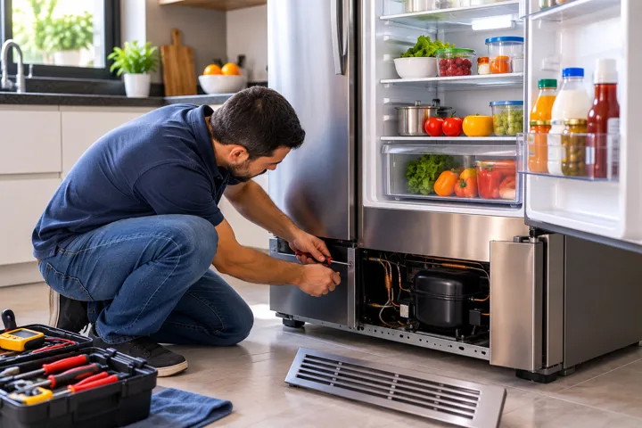 Geladeira doméstica em funcionamento com destaque para a área do compressor e dos sistemas de refrigeração