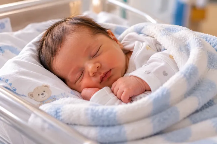 Cuidador observa com delicadeza o coto umbilical de um recém-nascido durante a troca de fralda