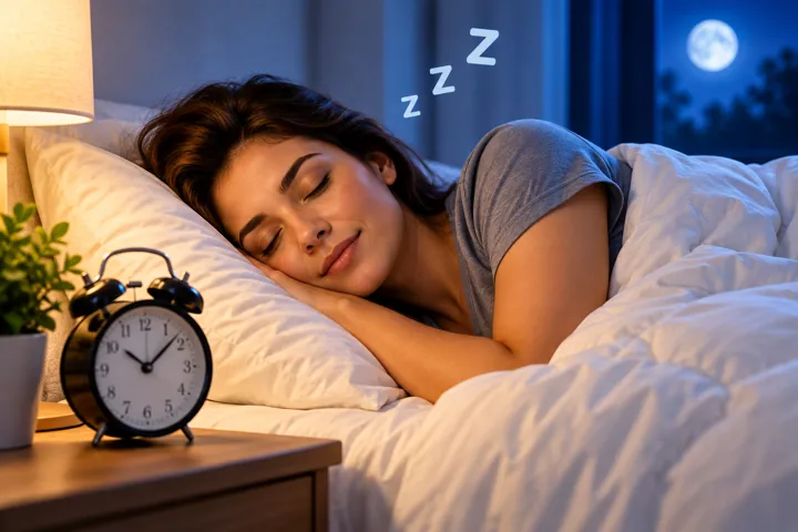 Ilustração de uma pessoa relaxando em uma cama com luzes suaves e um ambiente tranquilo