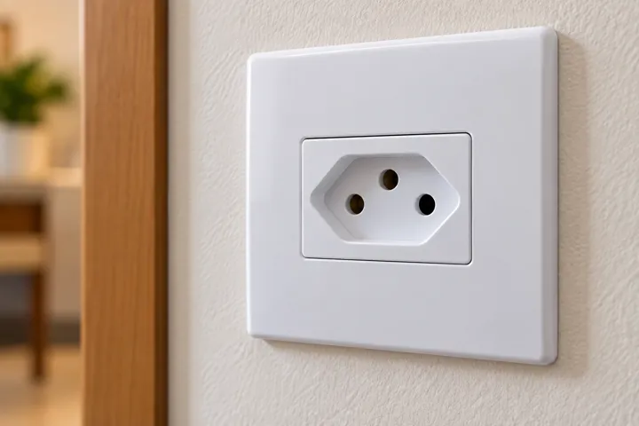 Tomada residencial na parede sendo testada com um aparelho elétrico para verificar fornecimento de energia