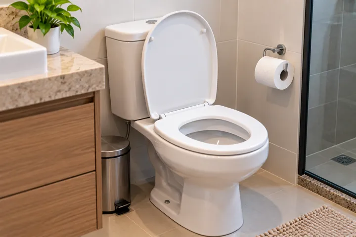 Vaso sanitário com água acumulada e equipamentos básicos utilizados em tentativas de desentupimento doméstico